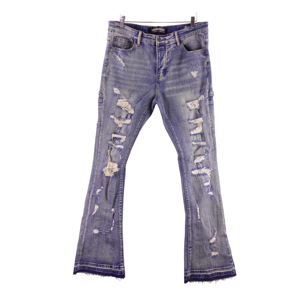 Valabasas Mens Distressed Stacked Flare Carpenter Jeans Blue Size 36 Heavy Rip